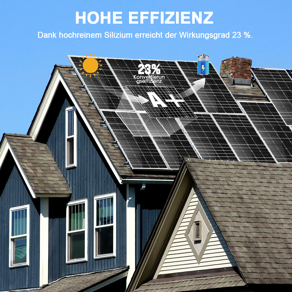 Solarzellen auf einem blauen Hausdach, die 23% Effizienz anzeigen.