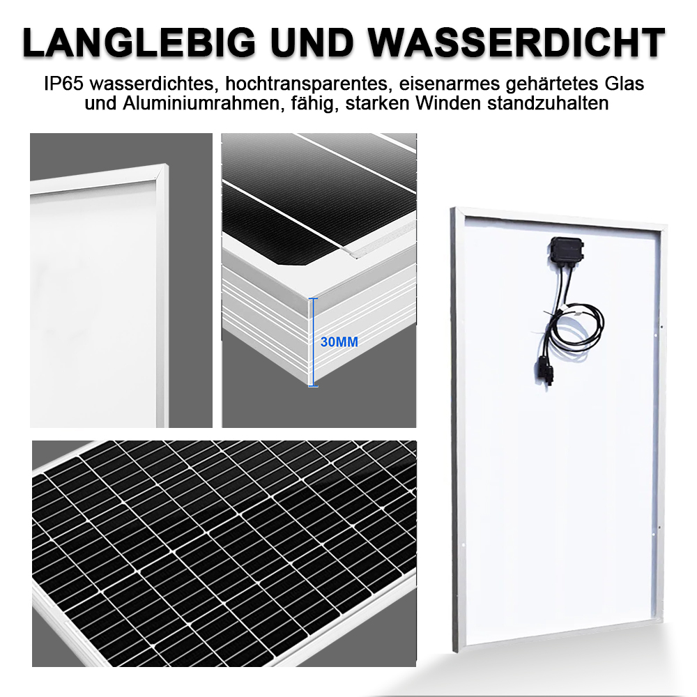 Solarpanel mit silbernem Rahmen, Vorder- und Rückansicht, Nahaufnahme der Zellen.
