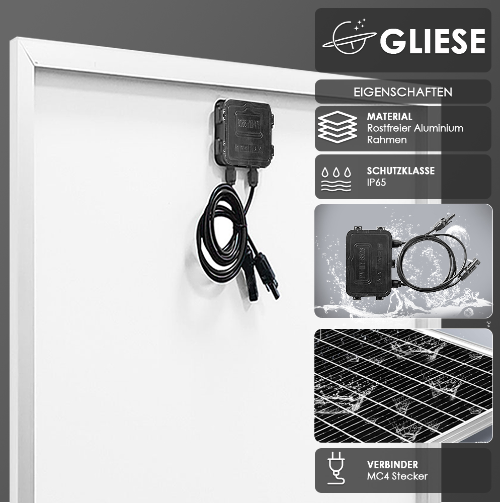 Solarpanel mit schwarzem Anschlusskasten und Kabeln. Eigenschaften: Aluminiumrahmen, IP65.