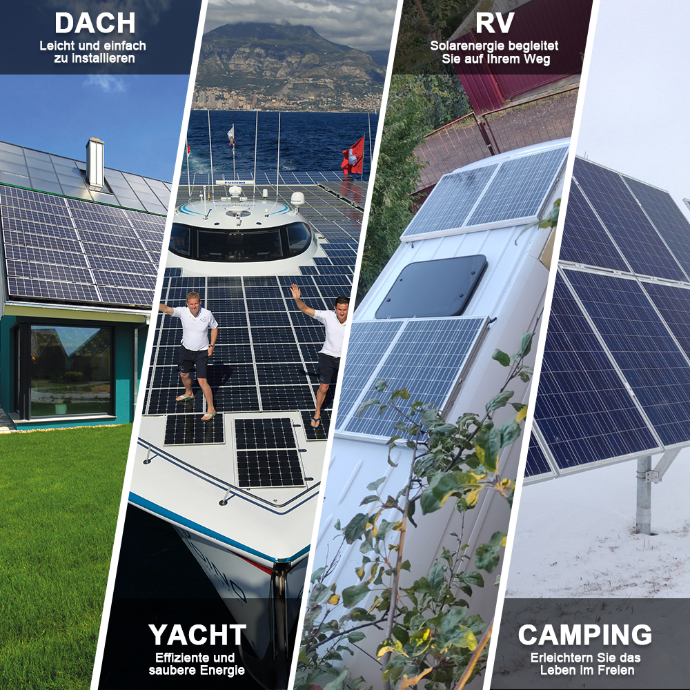 Collage: Hausdach, Yacht, Wohnmobil und Camping mit Solarmodulen.