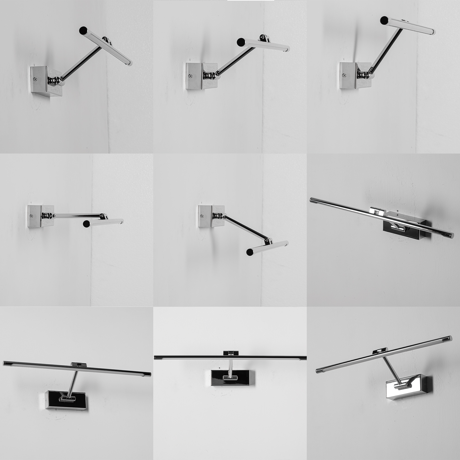 Un aplique de pared moderno y ajustable con acabado cromado pulido en una pared blanca.