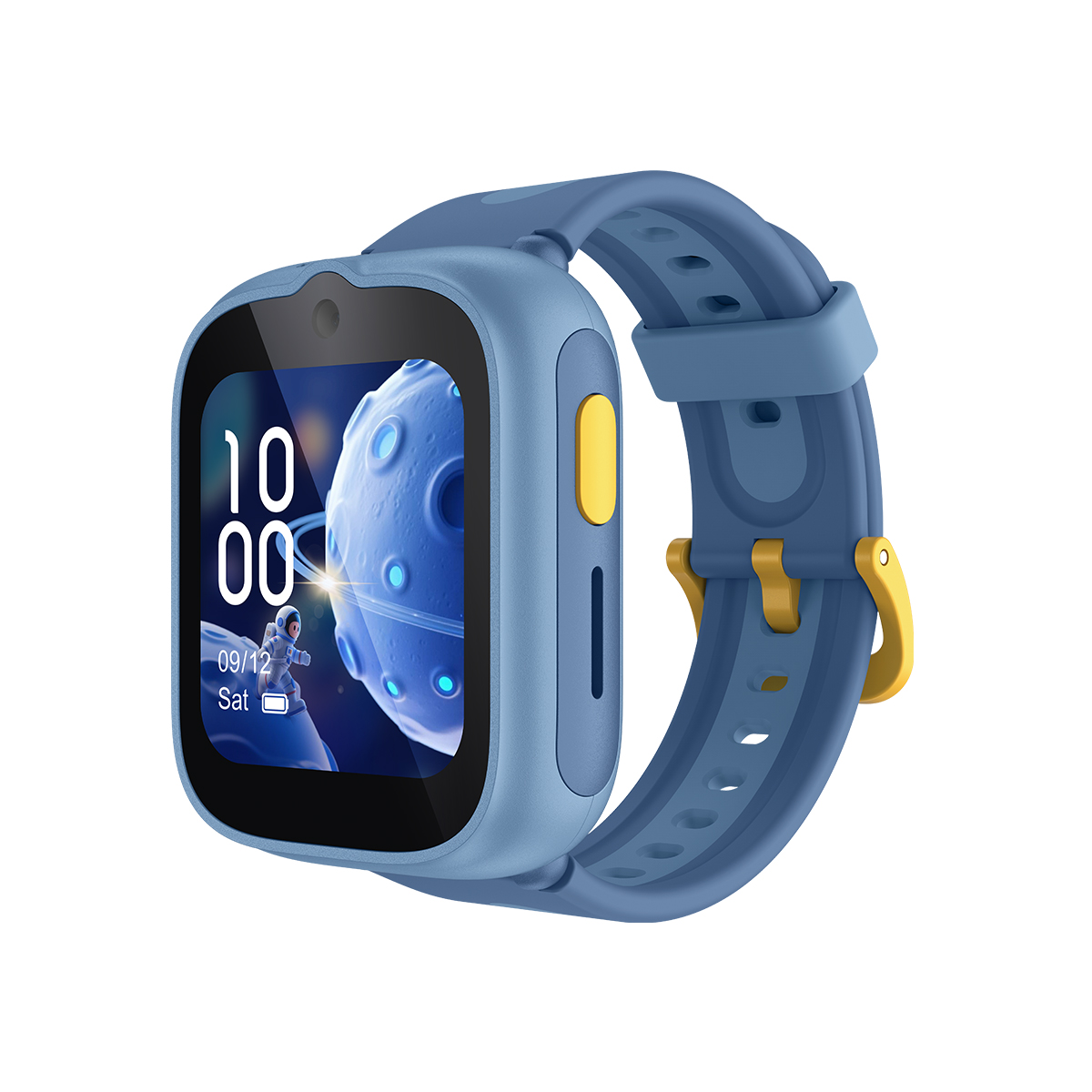 Reloj inteligente azul con acentos amarillos y pantalla espacial.