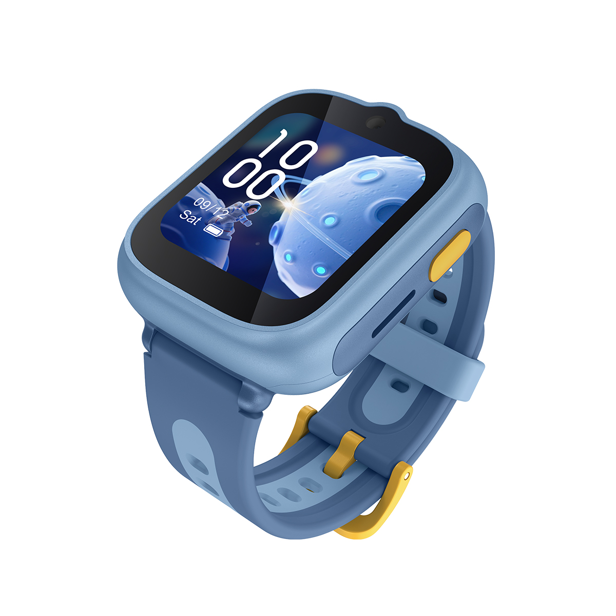 Un reloj inteligente azul con pantalla de astronauta y luna.