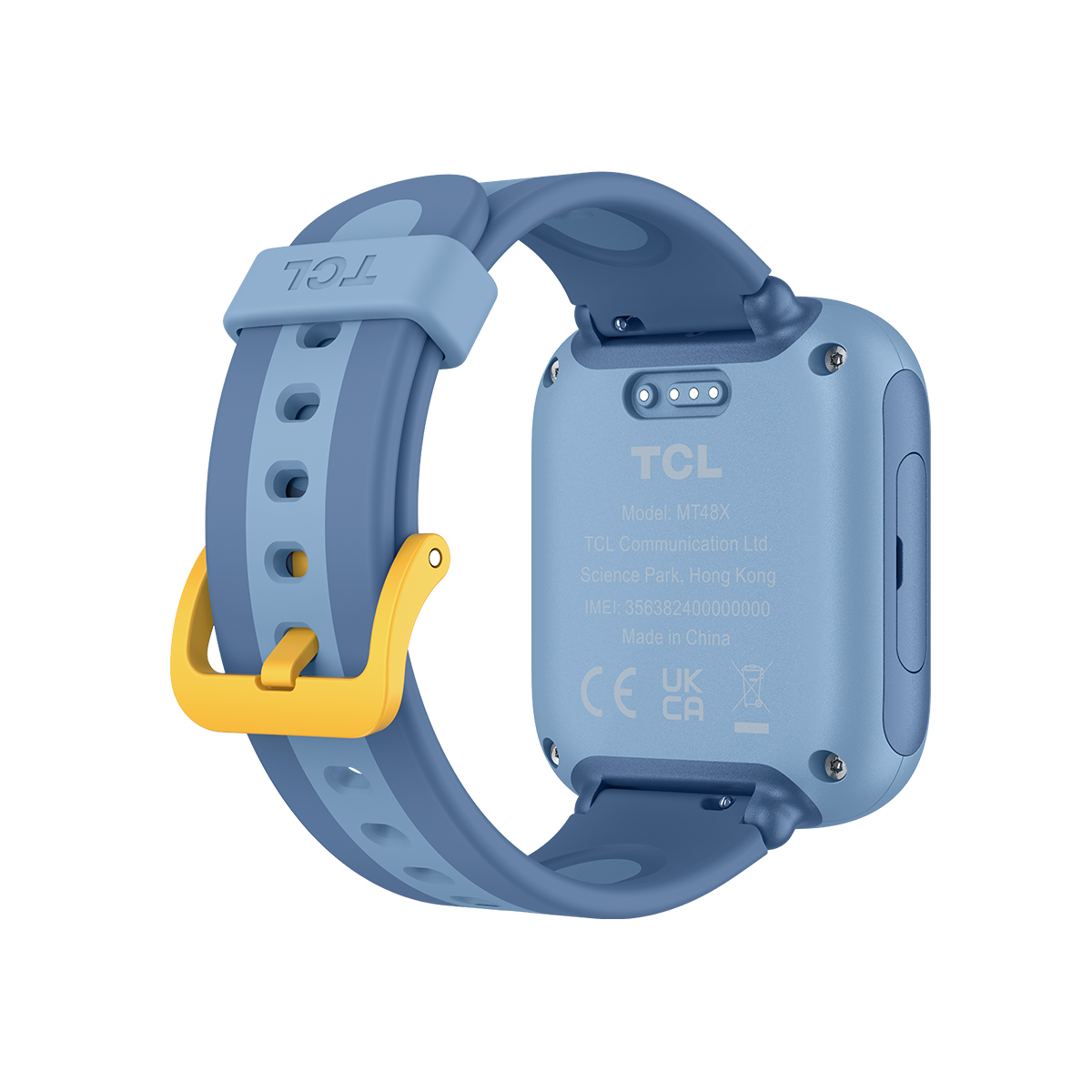 Reloj inteligente TCL azul con hebilla amarilla. Modelo MT48X, Hecho en China.