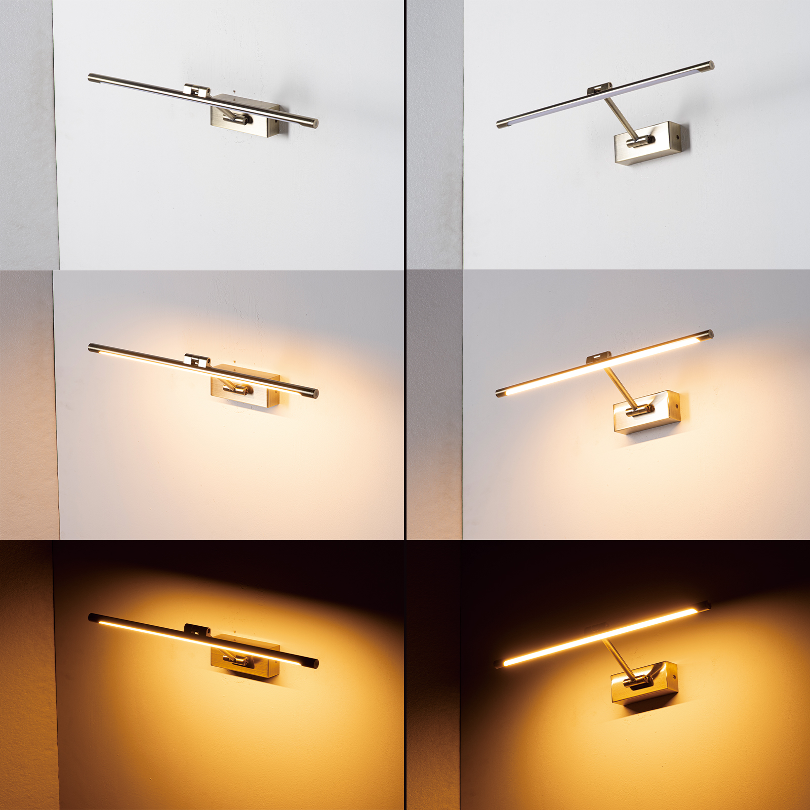 Aplique de pared moderno con brazo metálico plateado y luz LED.