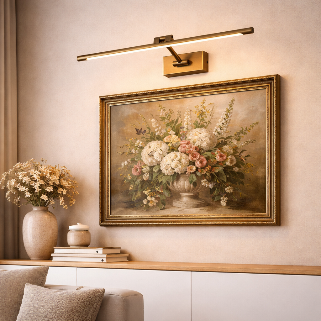Un cuadro al óleo de flores en un jarrón, iluminado por una lámpara de pared.