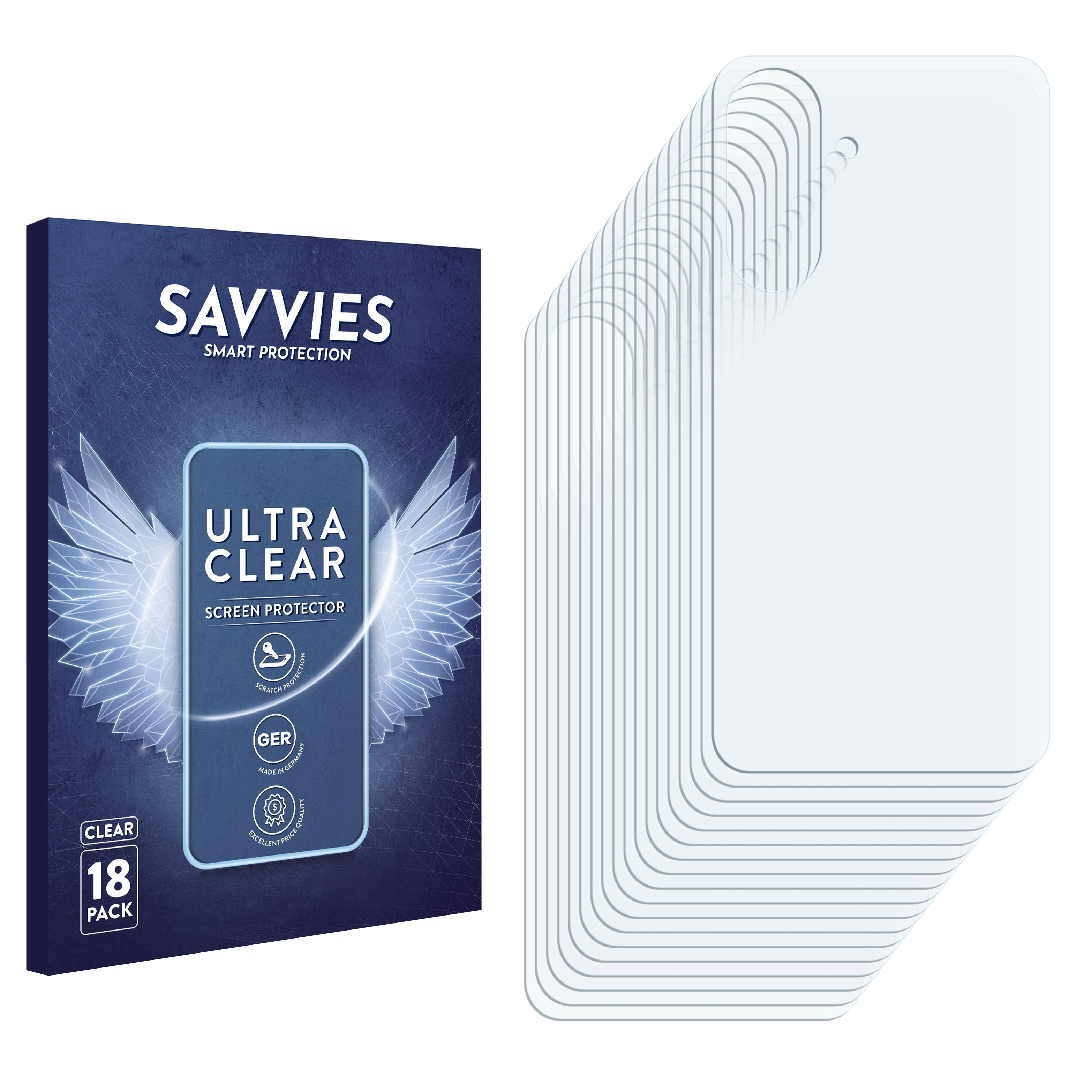 Verpackung für 18 Displayschutzfolien, mit Flügelmotiv und Produktinfos.
