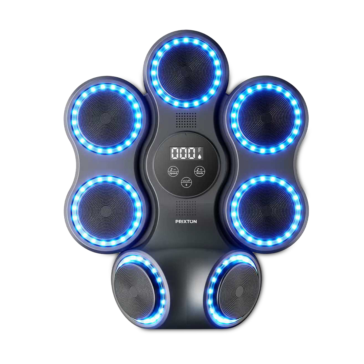 Szare urządzenie z okrągłymi głośnikami i niebieskimi światłami, z cyfrowym wyświetlaczem.