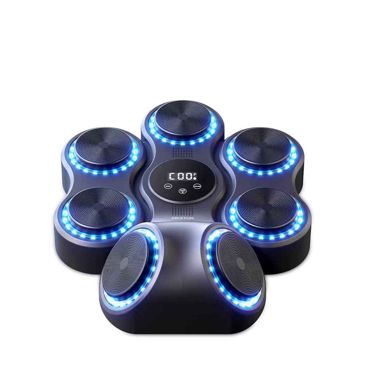 Ciemnoszare urządzenie z pięcioma okrągłymi powierzchniami otoczonymi niebieskimi światłami.