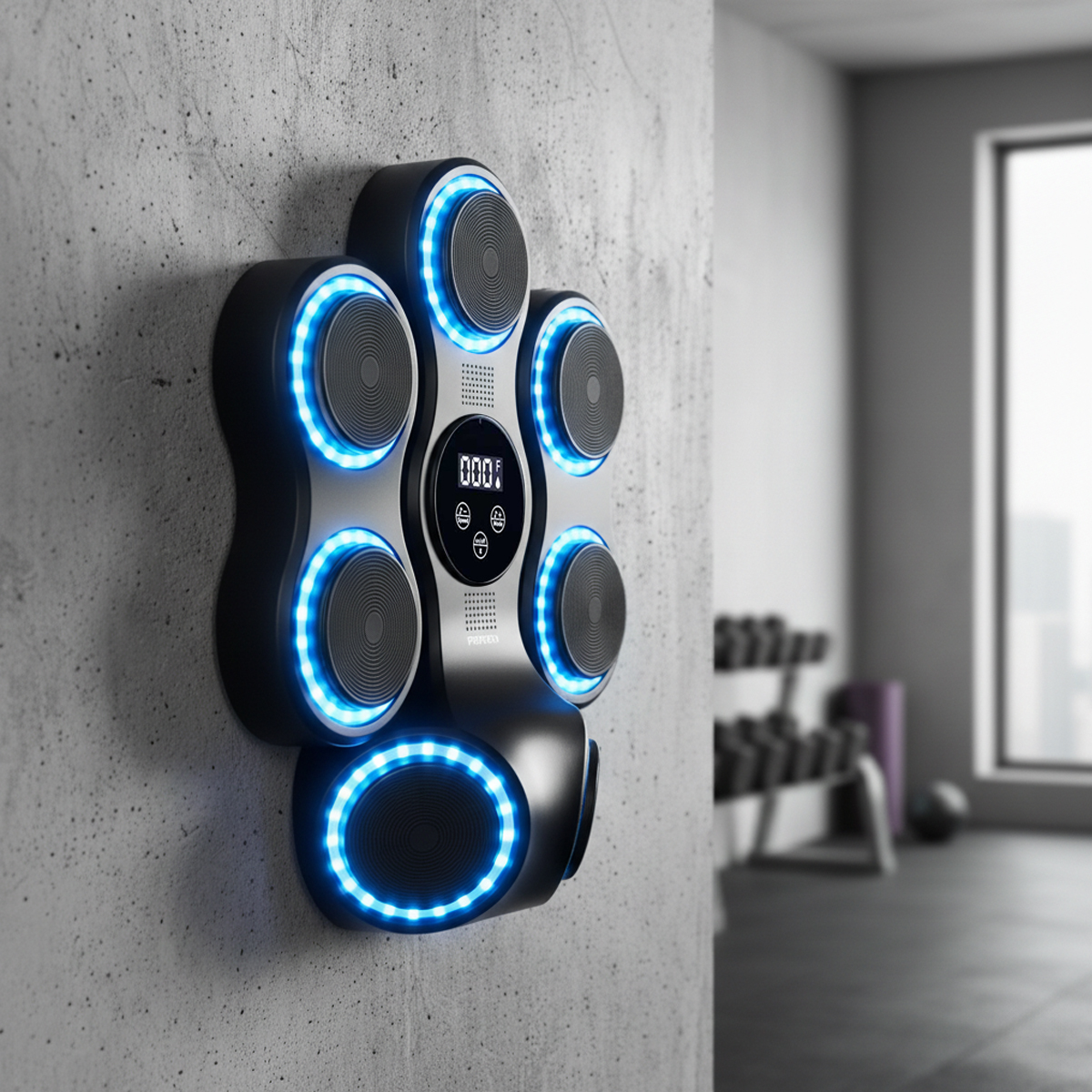 Trenażer bokserski z niebieskimi światłami na betonowej ścianie w siłowni.