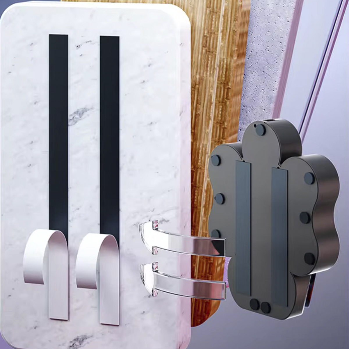 Abstrakcyjna rzeźba z marmuru, drewna i ciemnych elementów.