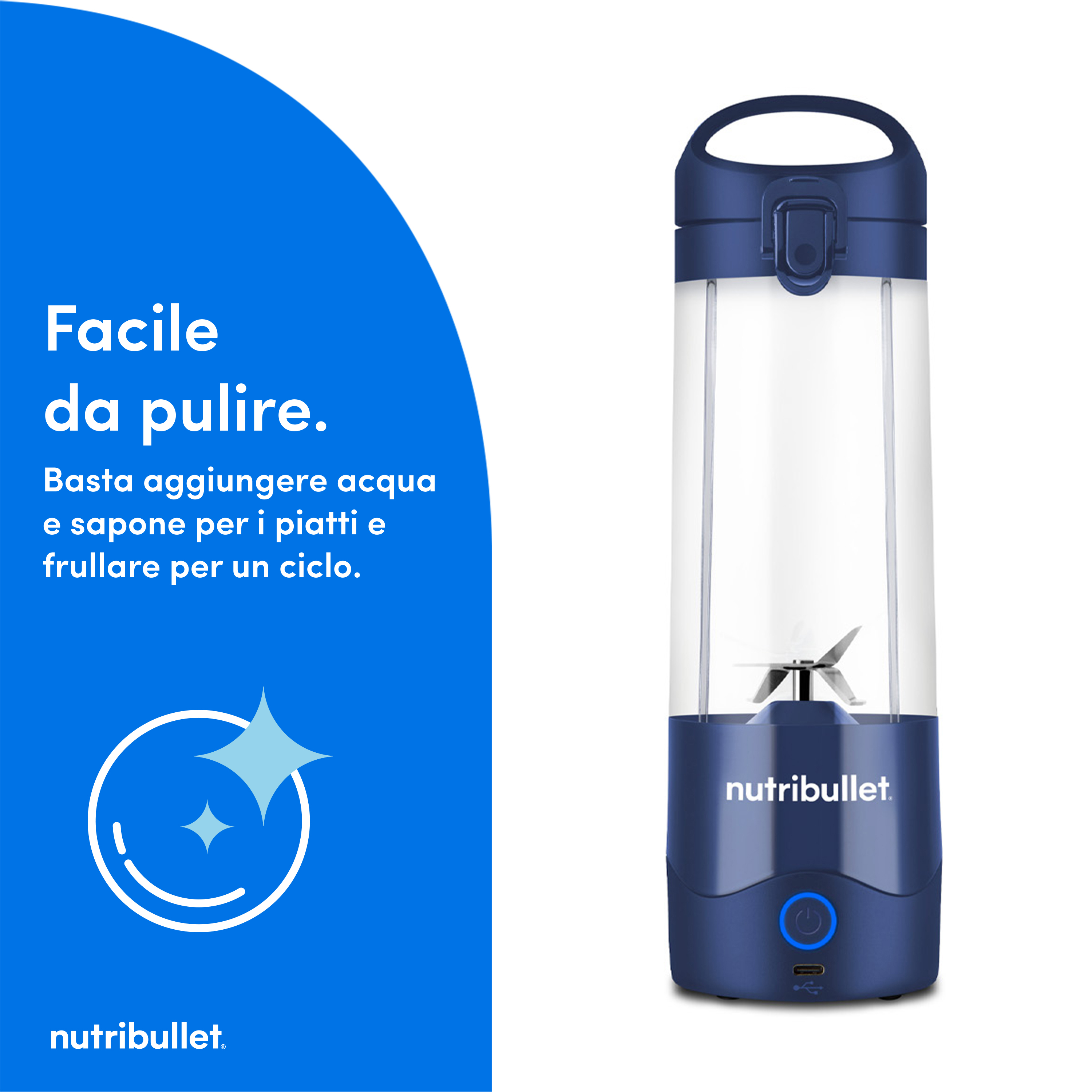 Ein blauer Nutribullet Mixer mit transparentem Behälter und silbernen Klingen.