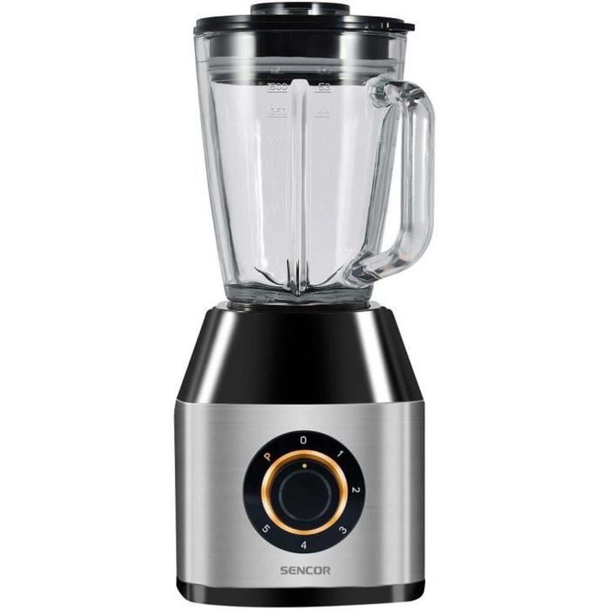 Ein silberner und schwarzer Mixer mit Glasbehälter und Bedienelementen.