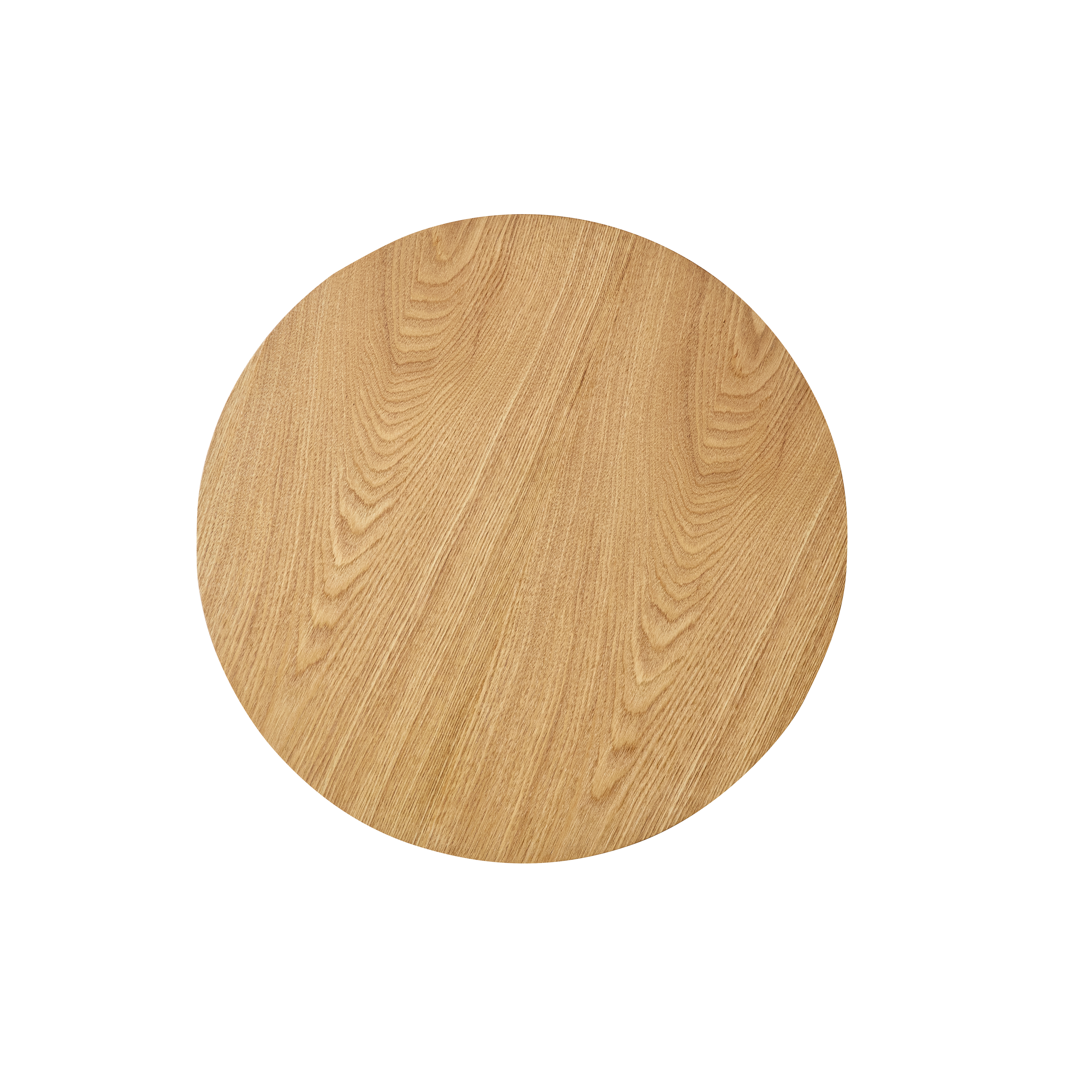 Eine runde Holzplatte mit Maserung auf weißem Hintergrund.
