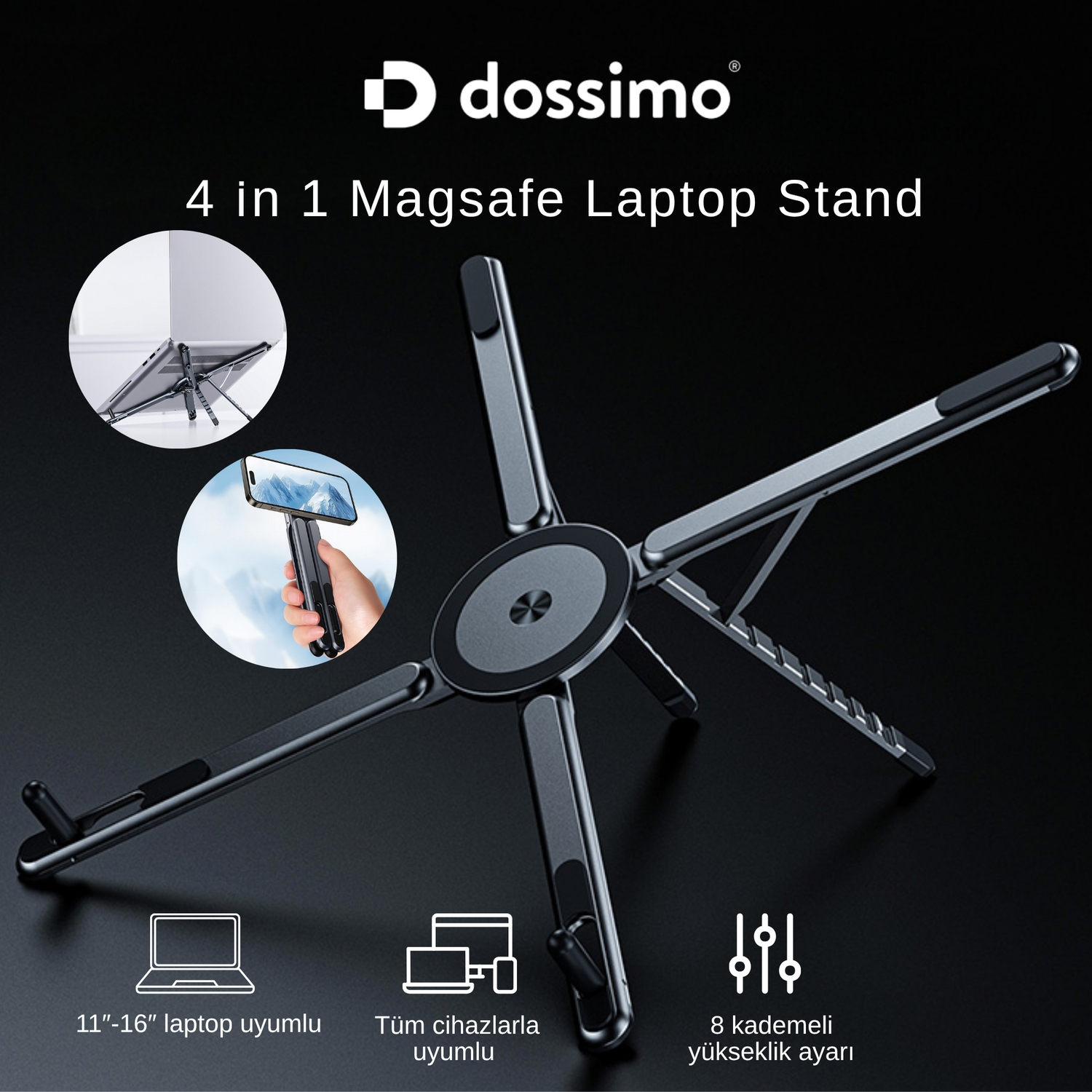 DOSSIMO DS-500 Manyetik MagSafe Telefon ve Tablet Tutucu Tripod 4 ü 1 Arada Katlanabilir Portatif Siyah