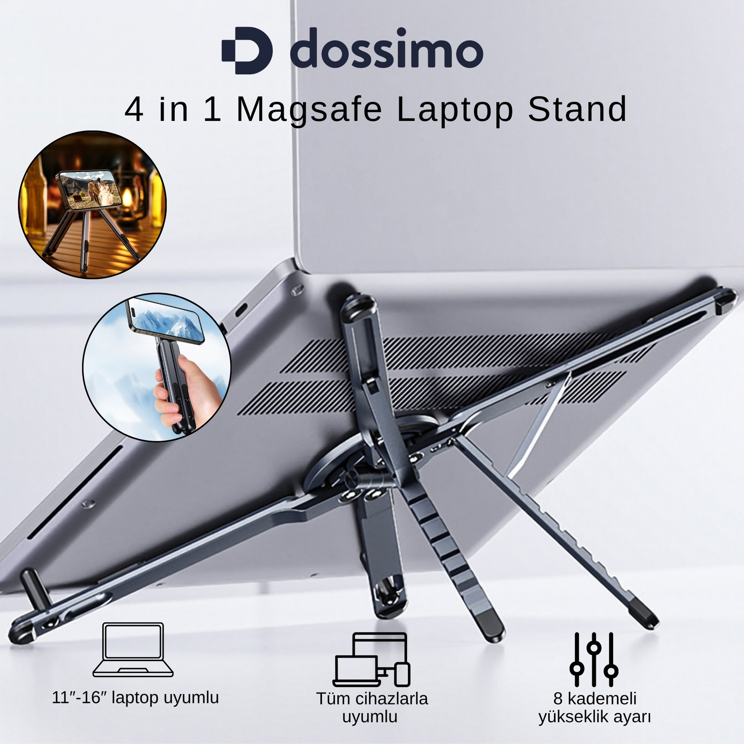 Katlanabilir metal dizüstü bilgisayar standı, mini tripod üzerinde telefon.