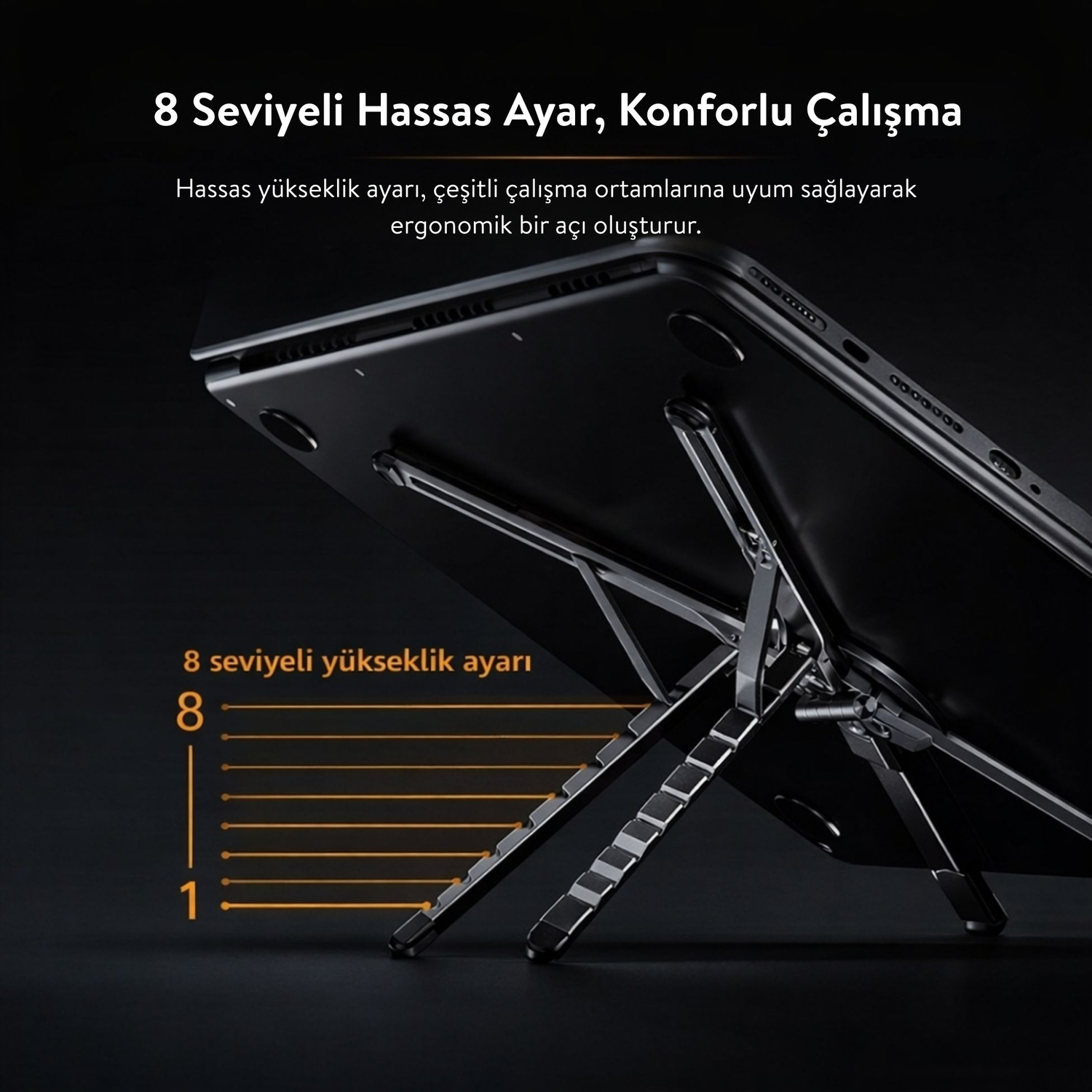Koyu zeminde, 8 yükseklik ayarlı gri bir dizüstü bilgisayar standı.