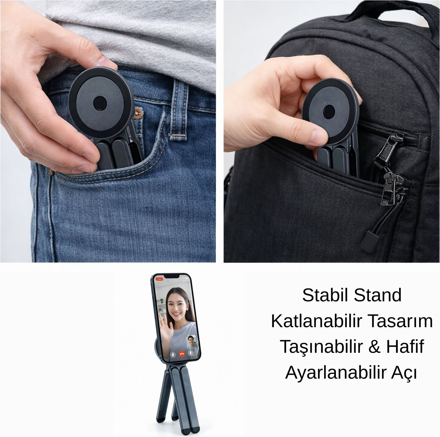 Kompakt, katlanabilir telefon standı cep ve çantaya yerleştirilirken gösteriliyor.