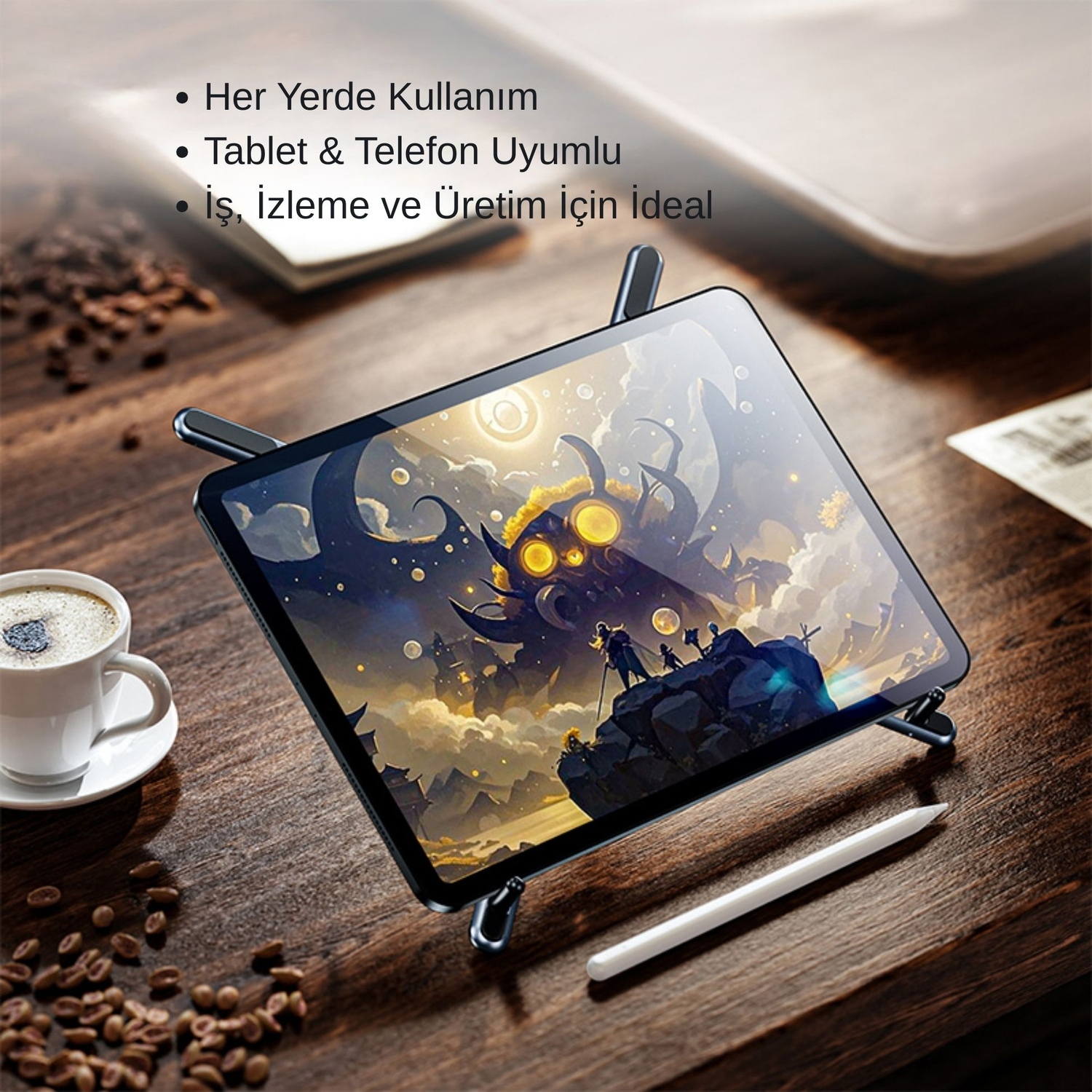 Ahşap masada kahve fincanı ve kalemle tablet, fantezi sanatı gösteriyor.