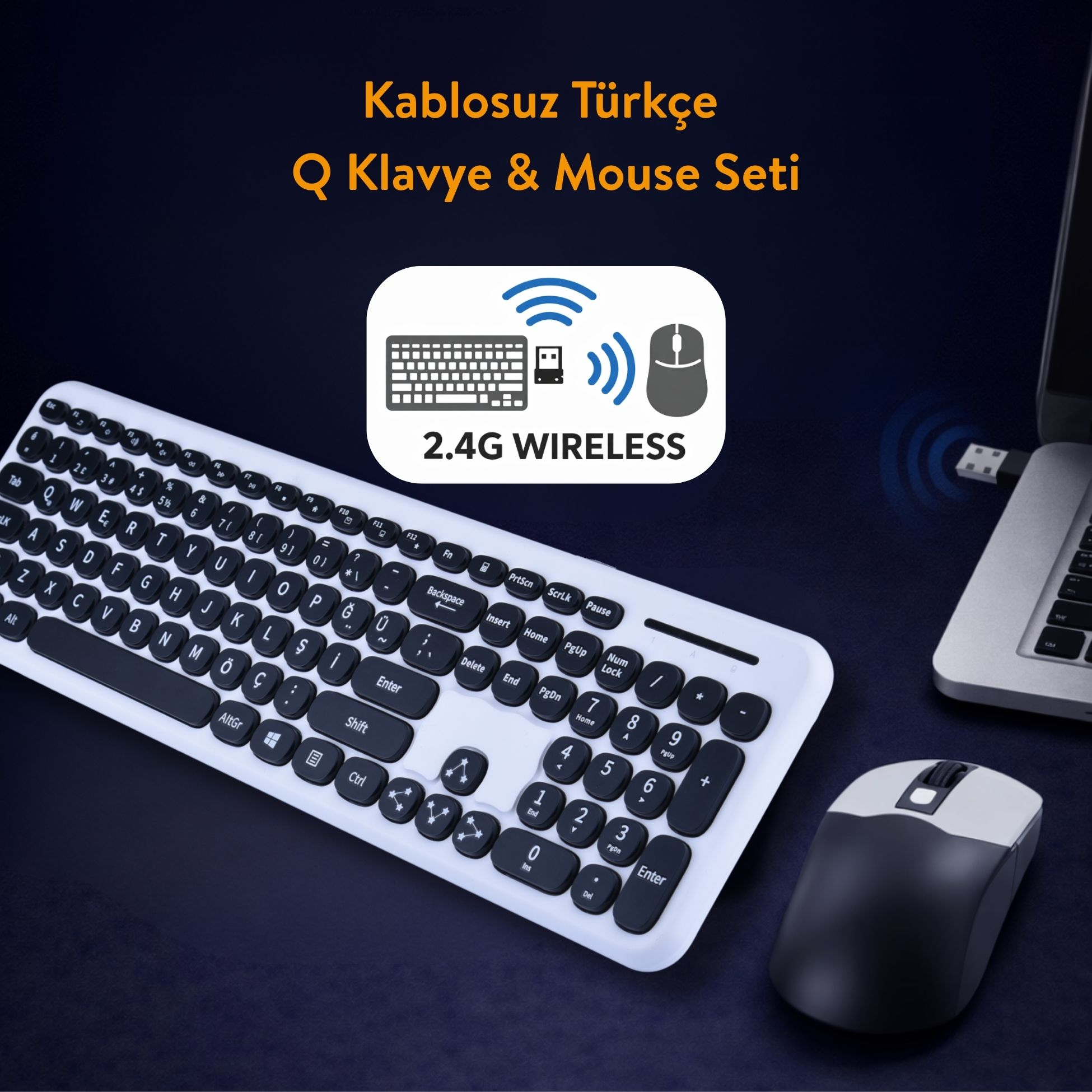 2.4G kablosuz teknolojiye sahip kablosuz Türkçe Q klavye ve mouse seti.
