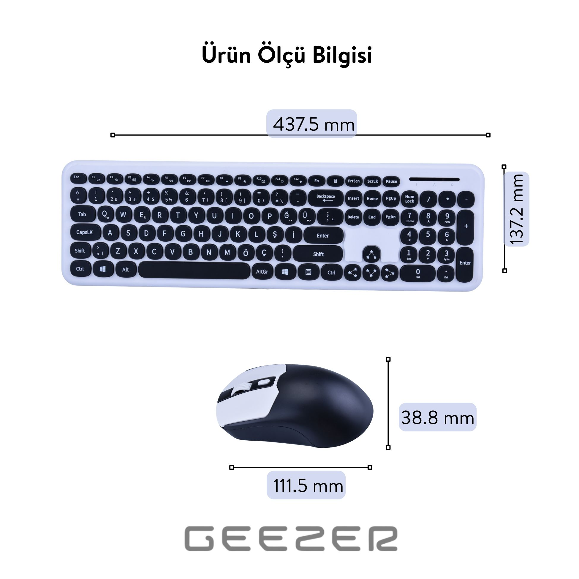 Boyutları olan beyaz kablosuz klavye ve fare seti. Klavye genişliği 437,5 mm, yüksekliği 137,2 mm. Fare genişliği 111,5 mm, yüksekliği 38,8 mm.