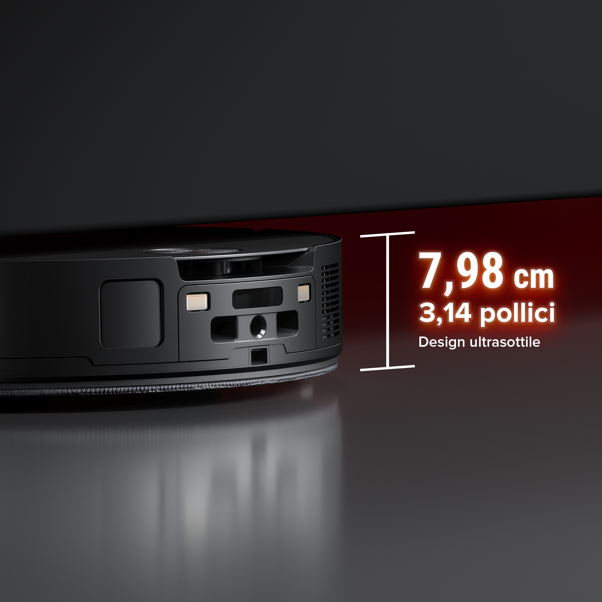 Czarny robot sprzątający o wysokości 7,98 cm.