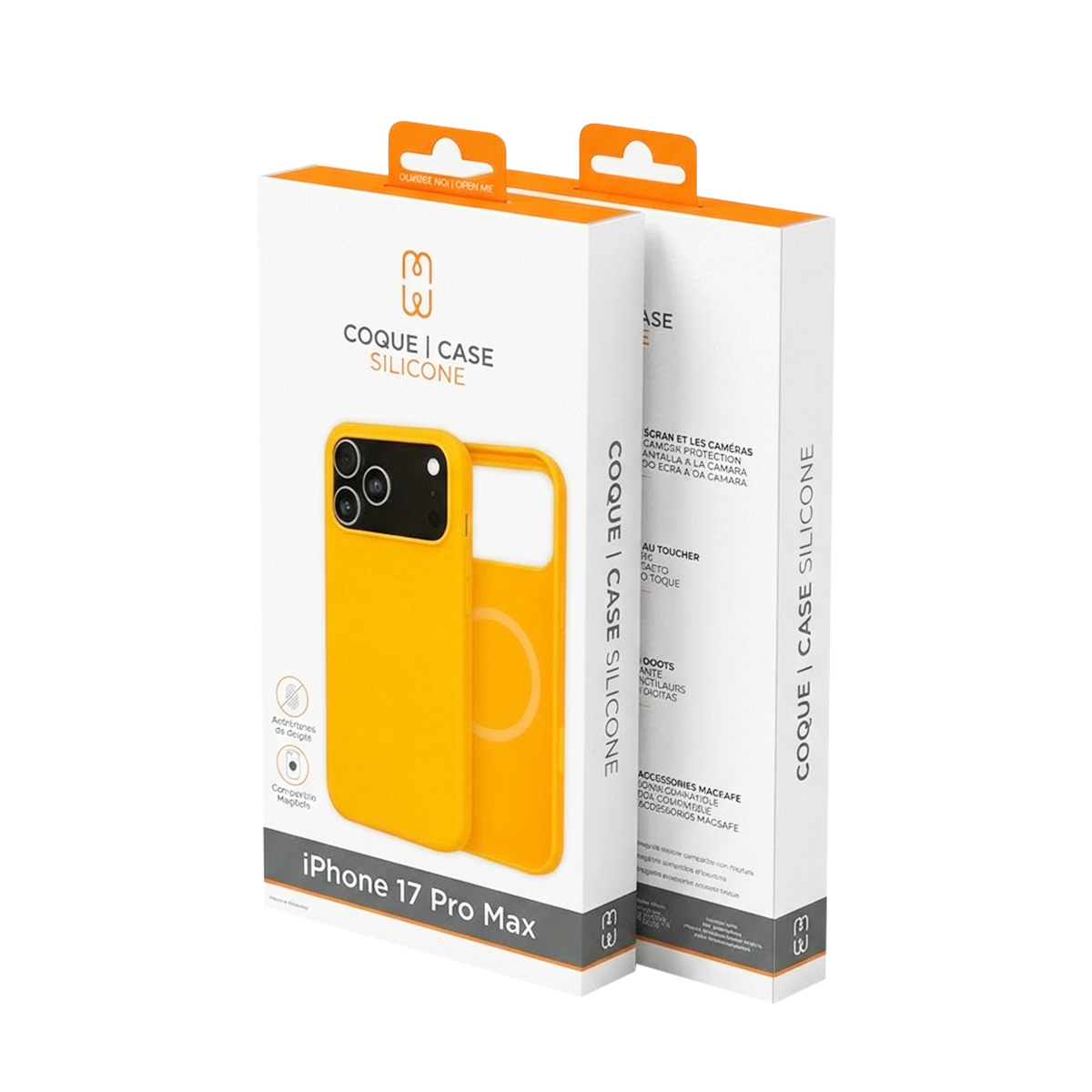 Custodia e confezione gialla per iPhone 17 Pro Max, su sfondo bianco.