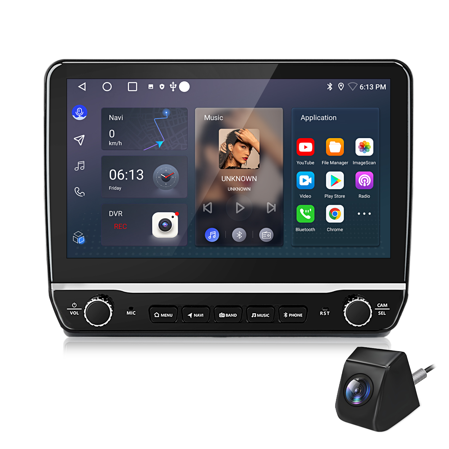 Ein Autoradio-Touchscreen zeigt Navigation, Musik und Apps. Eine Rückfahrkamera liegt daneben.