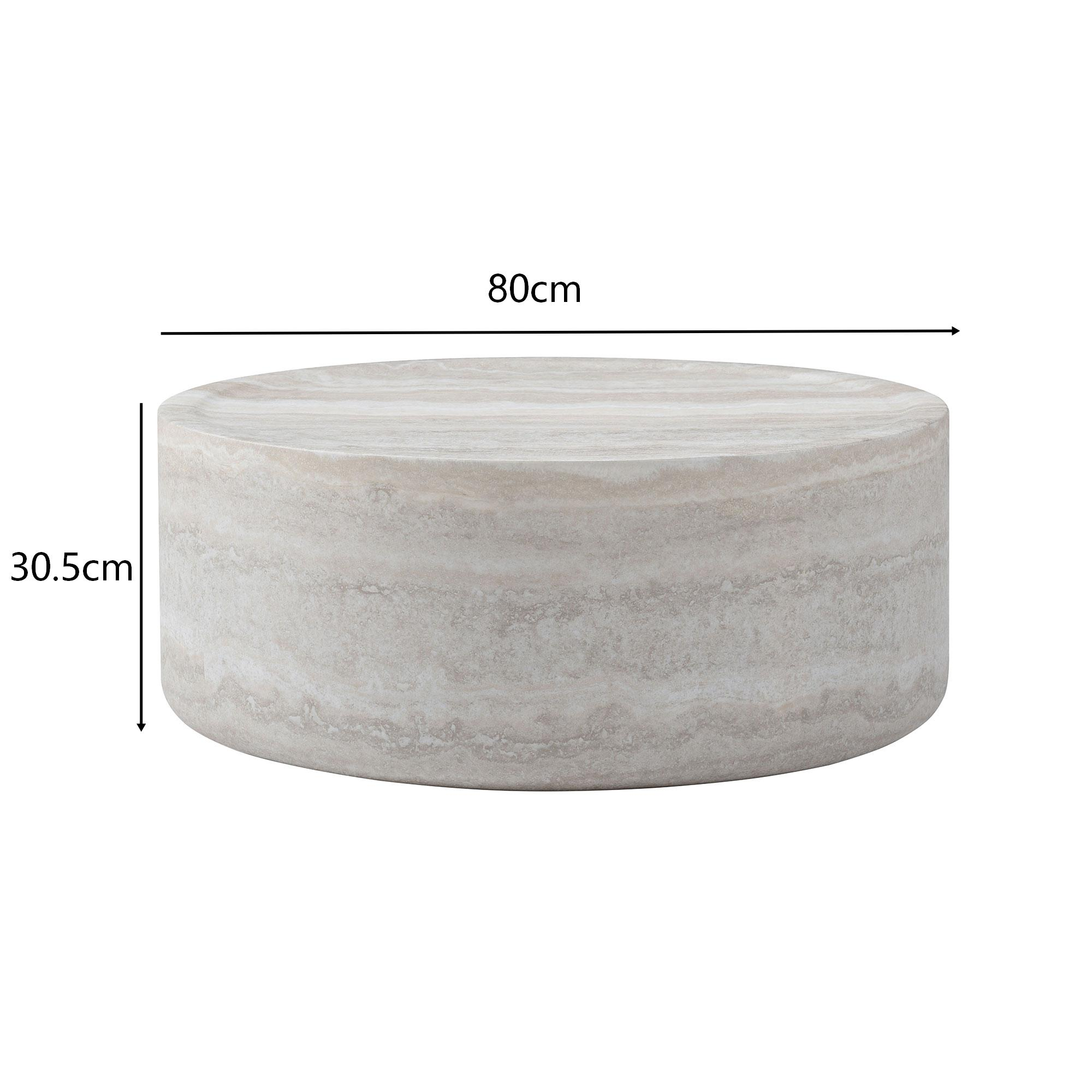 Ein runder Couchtisch aus hellem Marmor mit Maßen 80cm Breite und 30,5cm Höhe.