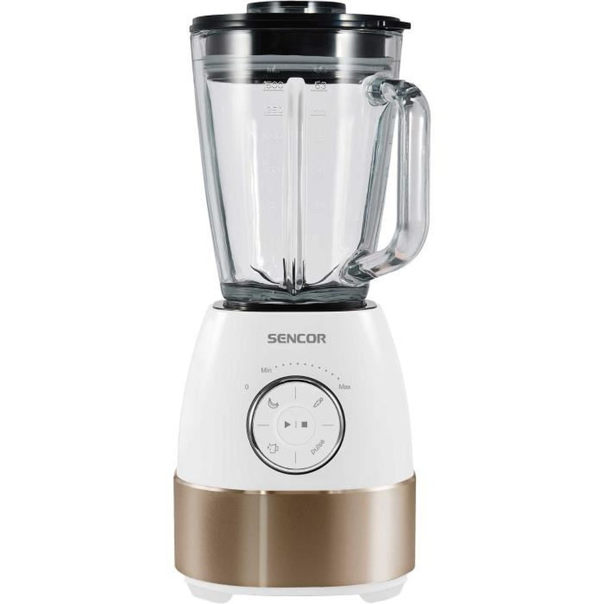 Ein weißer Standmixer mit Glaskrug, braunem Sockel und silbernem Bedienfeld.
