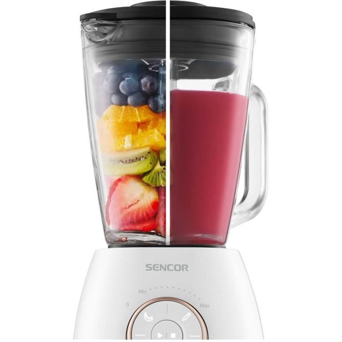 Ein Mixer mit Früchten und einem fertigen Smoothie, weiße Basis.