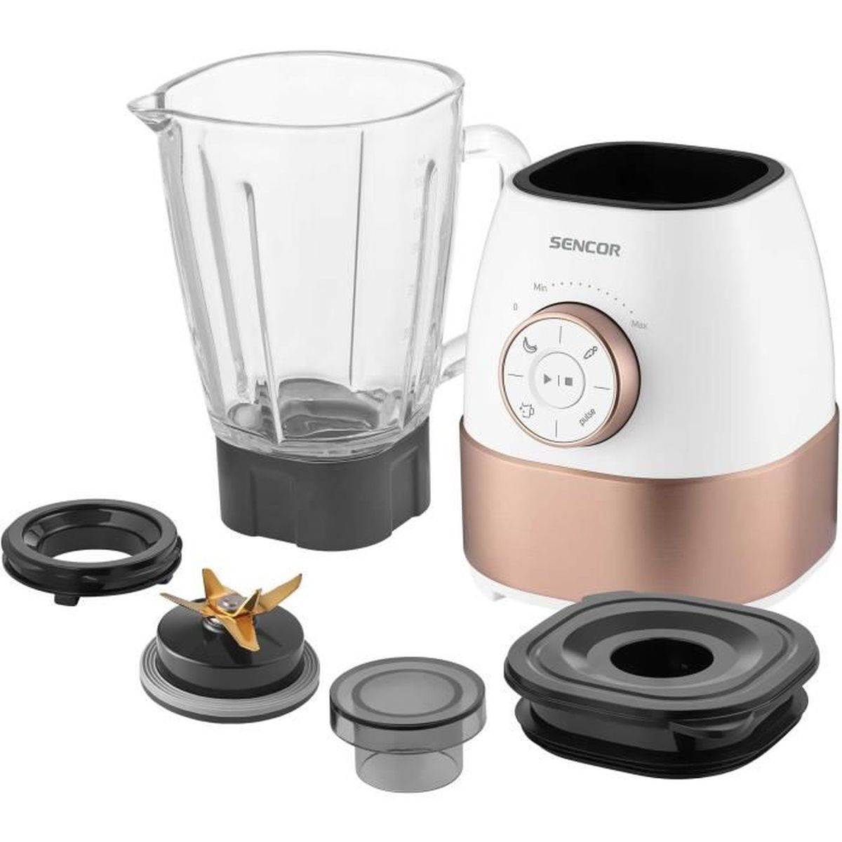 Ein weißer Sencor-Standmixer mit Kupferdetails und Zubehörteilen.