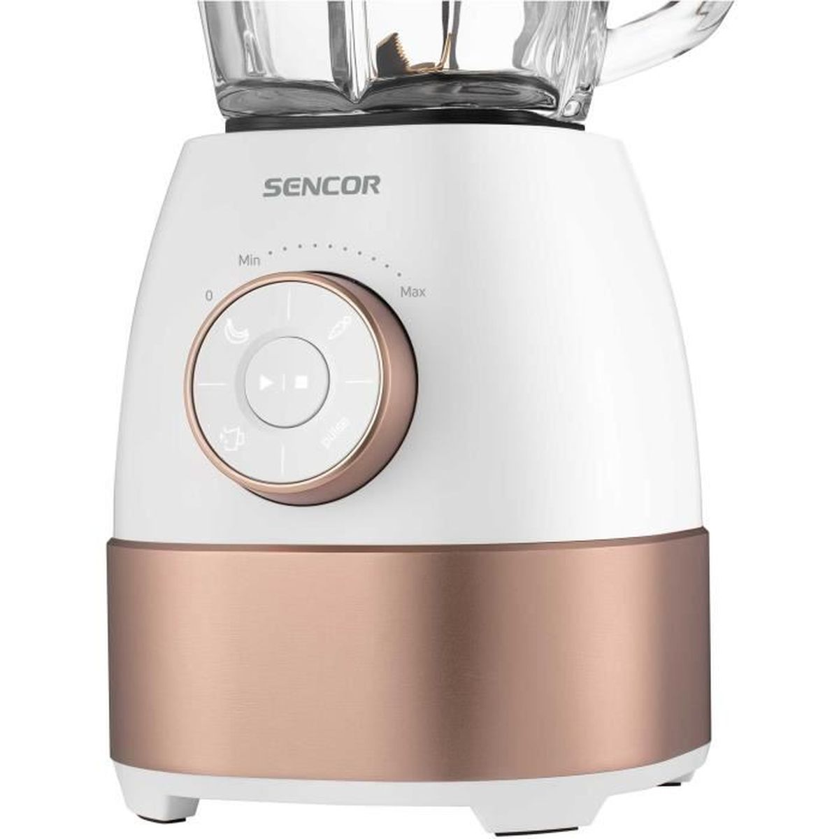 Ein weißer Mixer mit kupferfarbenem Sockel und Bedienfeld.
