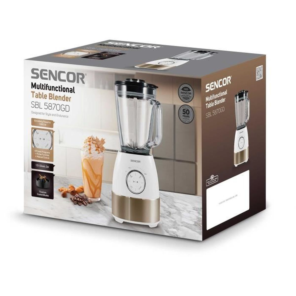 Verpackung eines SENCOR Tischmixers mit weißem Sockel und Glaskrug.
