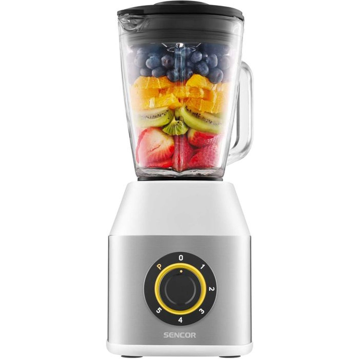 Ein Standmixer mit weißem Sockel und silberner Vorderseite, gefüllt mit Schichten von Obst.