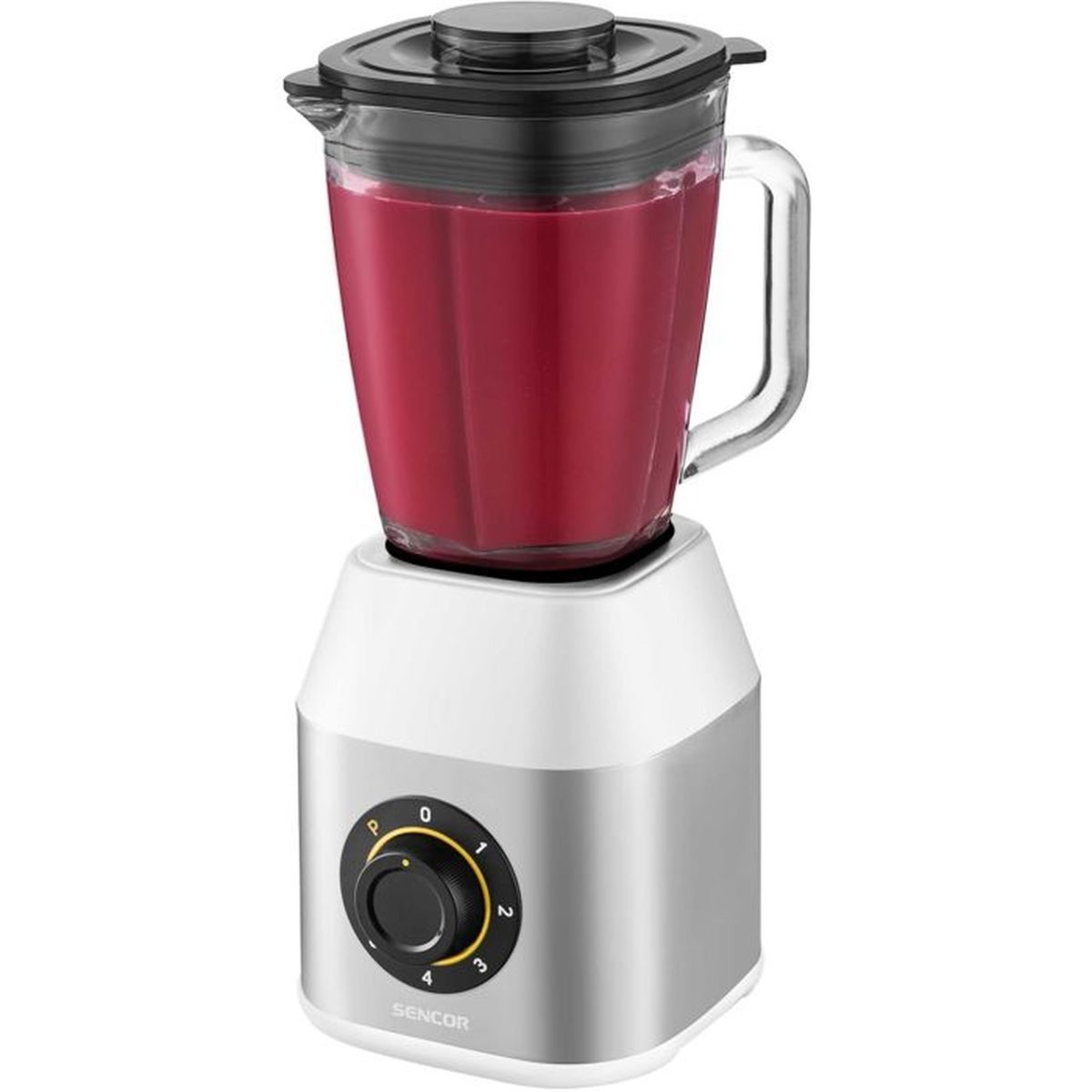 Ein weißer und silberner Mixer mit einem Glasbehälter, gefüllt mit rotem Smoothie.