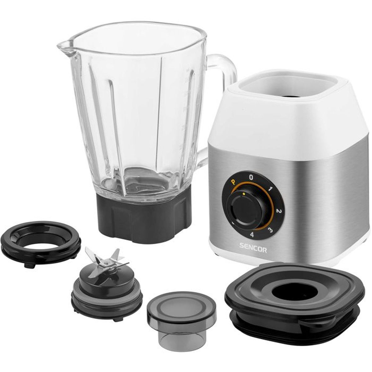 Ein Mixer mit Glasbehälter, Motorblock und Zubehörteilen.