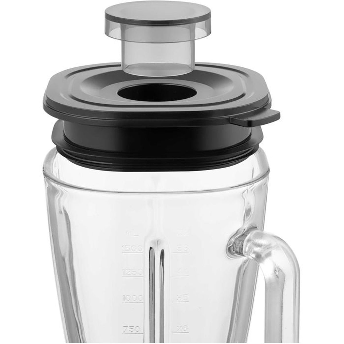 Glasbehälter eines Mixers mit schwarzem Deckel und Messskala.