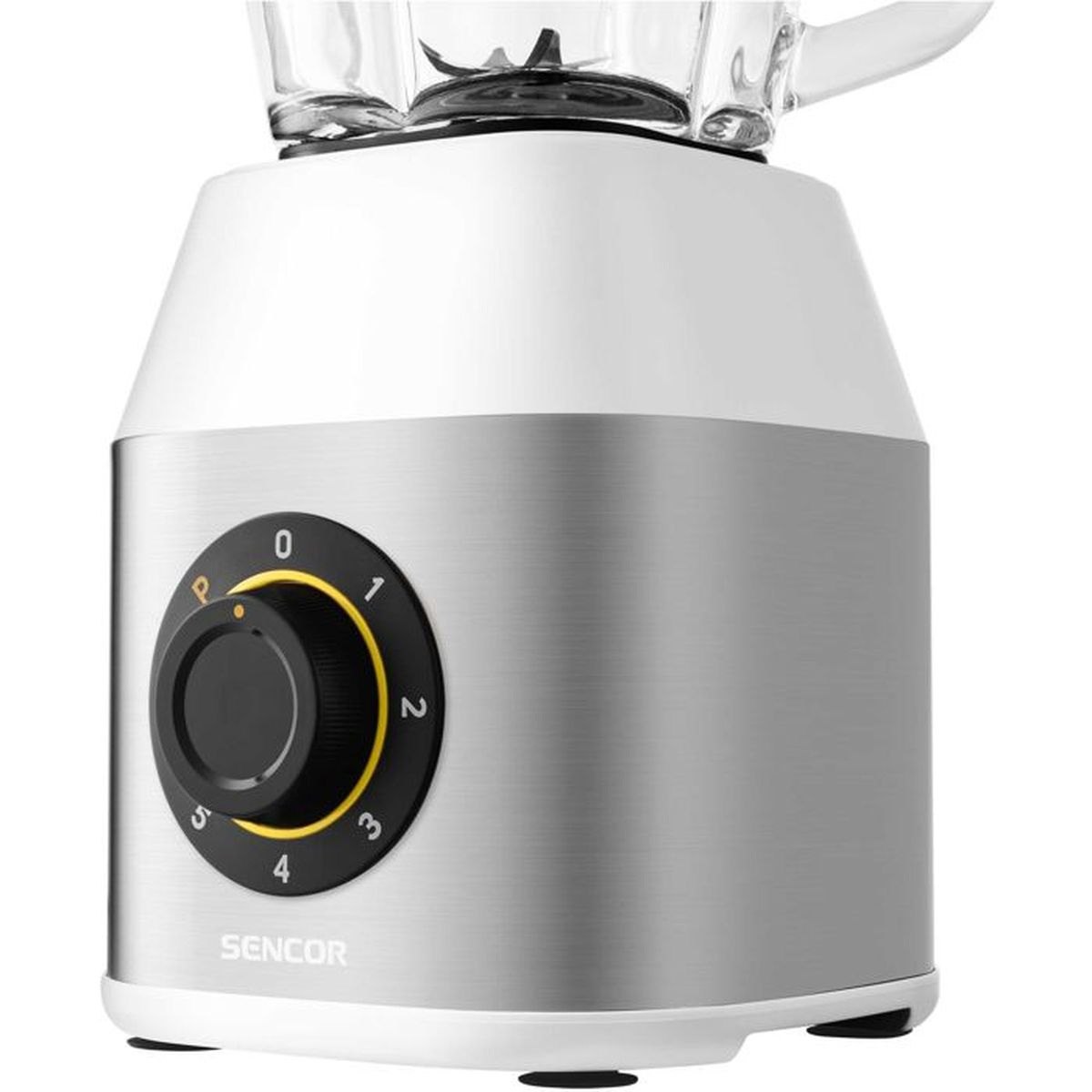 Ein weißer und silberner Standmixer mit einem Drehknopf für die Geschwindigkeitseinstellungen.