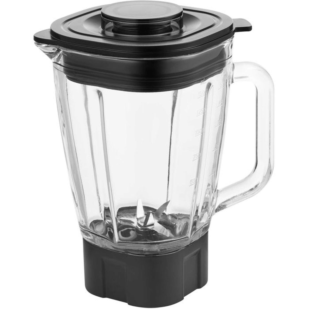Ein Glas-Mixerbehälter mit schwarzem Deckel und Griff, mit Messskala.
