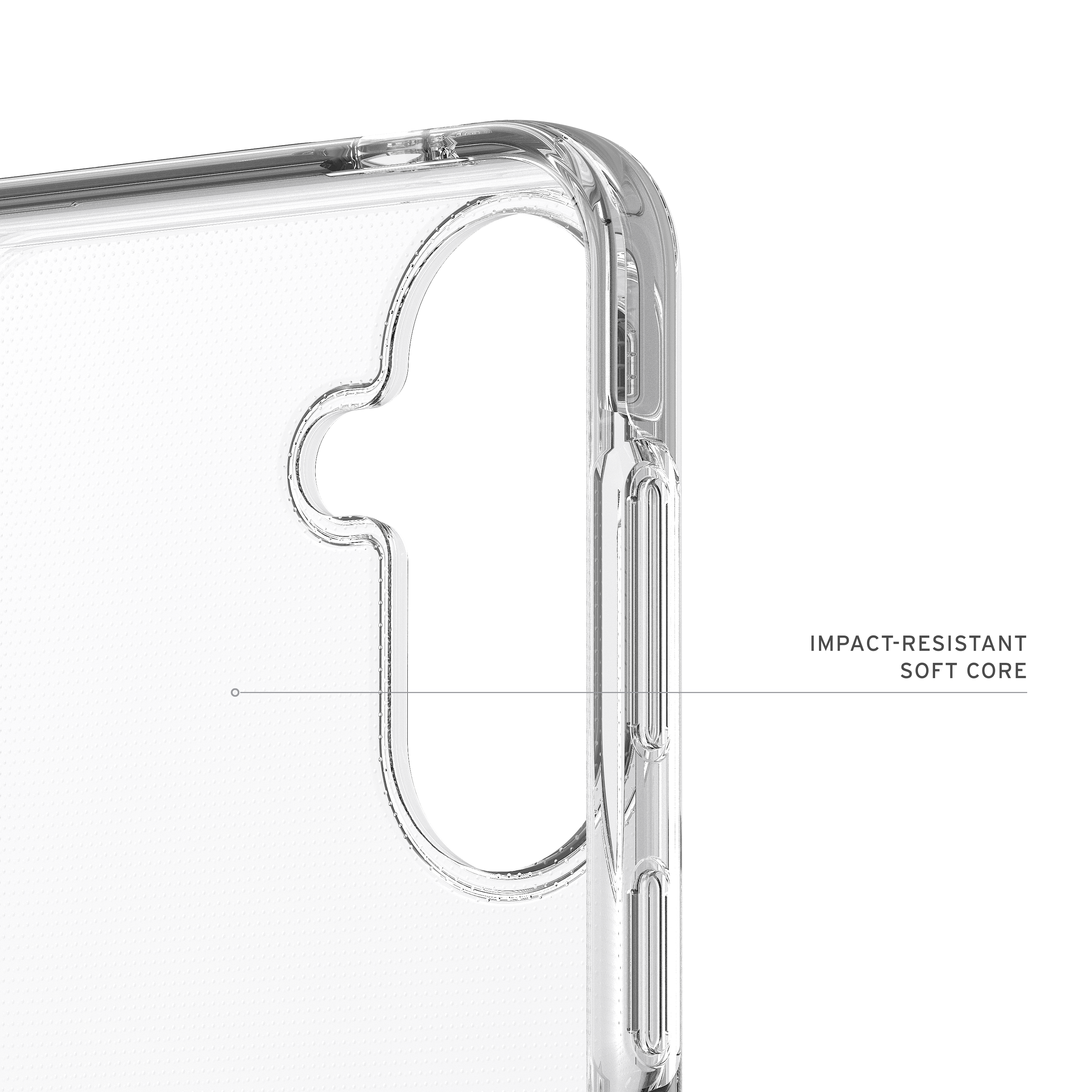 Funda transparente para teléfono con detalles de botones y patrón de puntos.