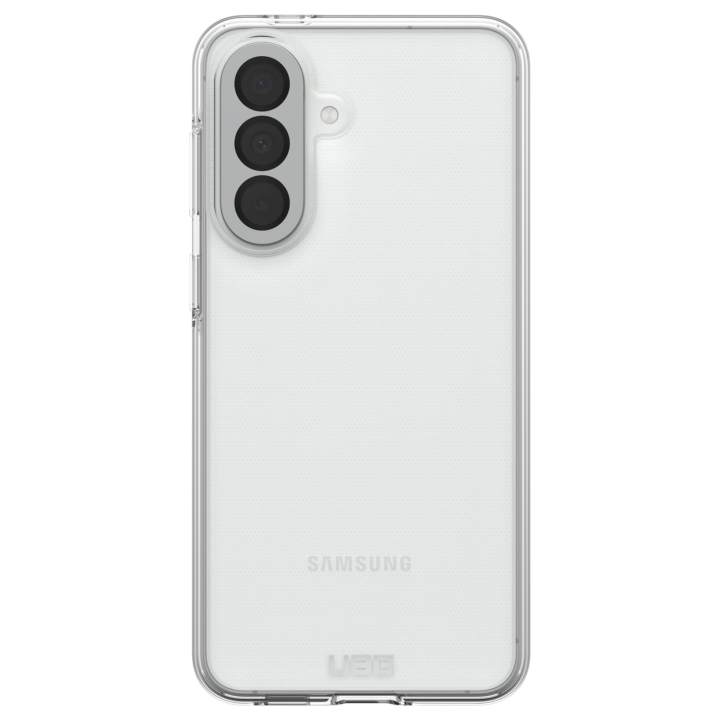 Funda transparente con tres cámaras y logo de Samsung.