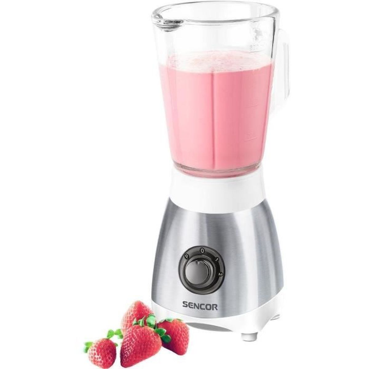 Un frullatore argento con base bianca e caraffa in vetro, pieno di frullato rosa. Tre fragole accanto.