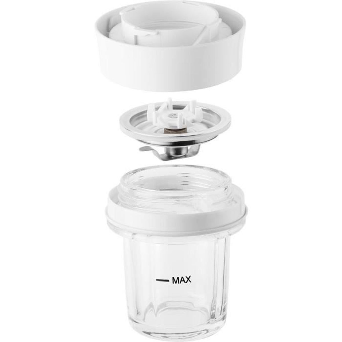 Accessorio frullatore bianco smontato con barattolo in vetro e segno MAX.