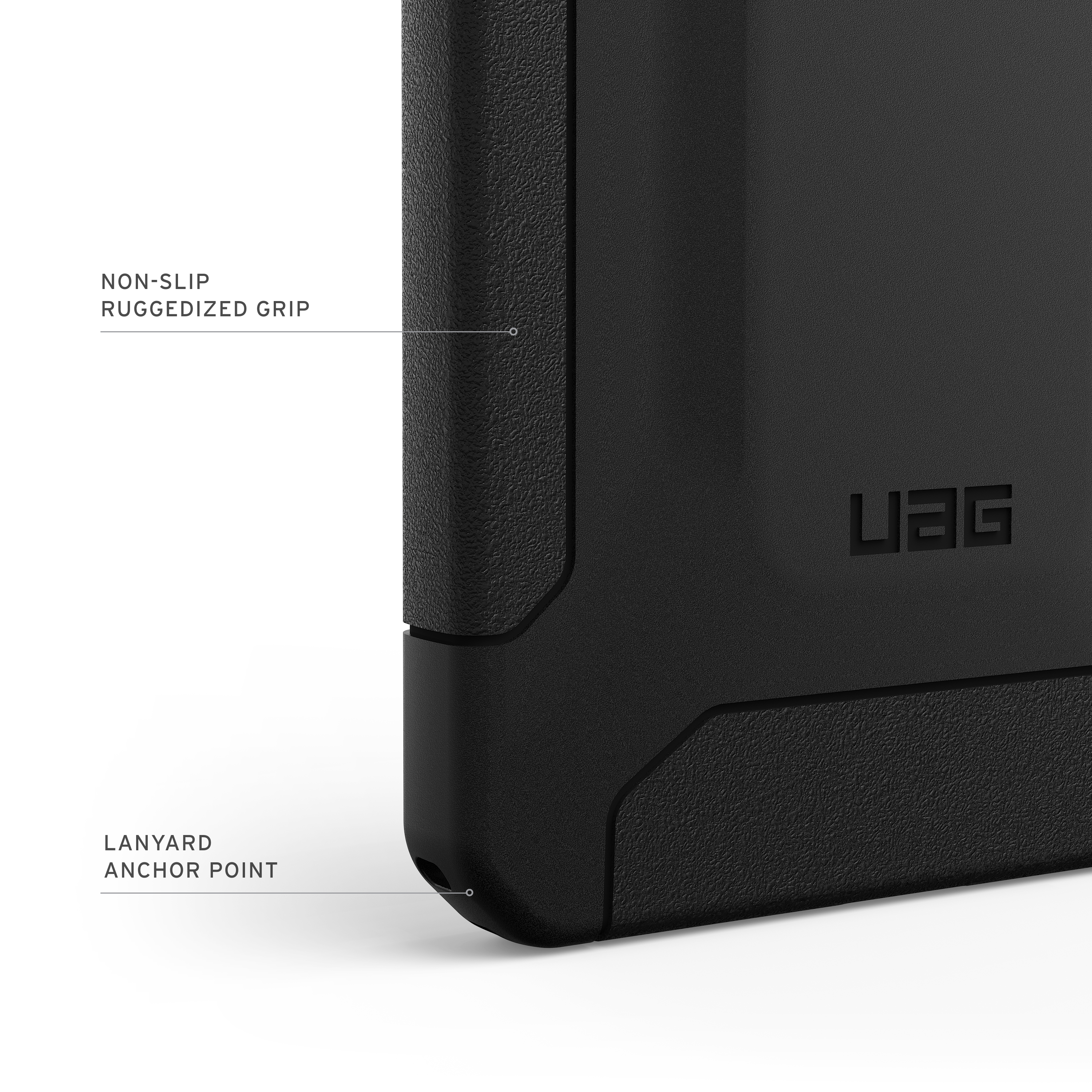 Schwarzes Handyhülle mit UAG-Logo. Grobe Textur an den Rändern.