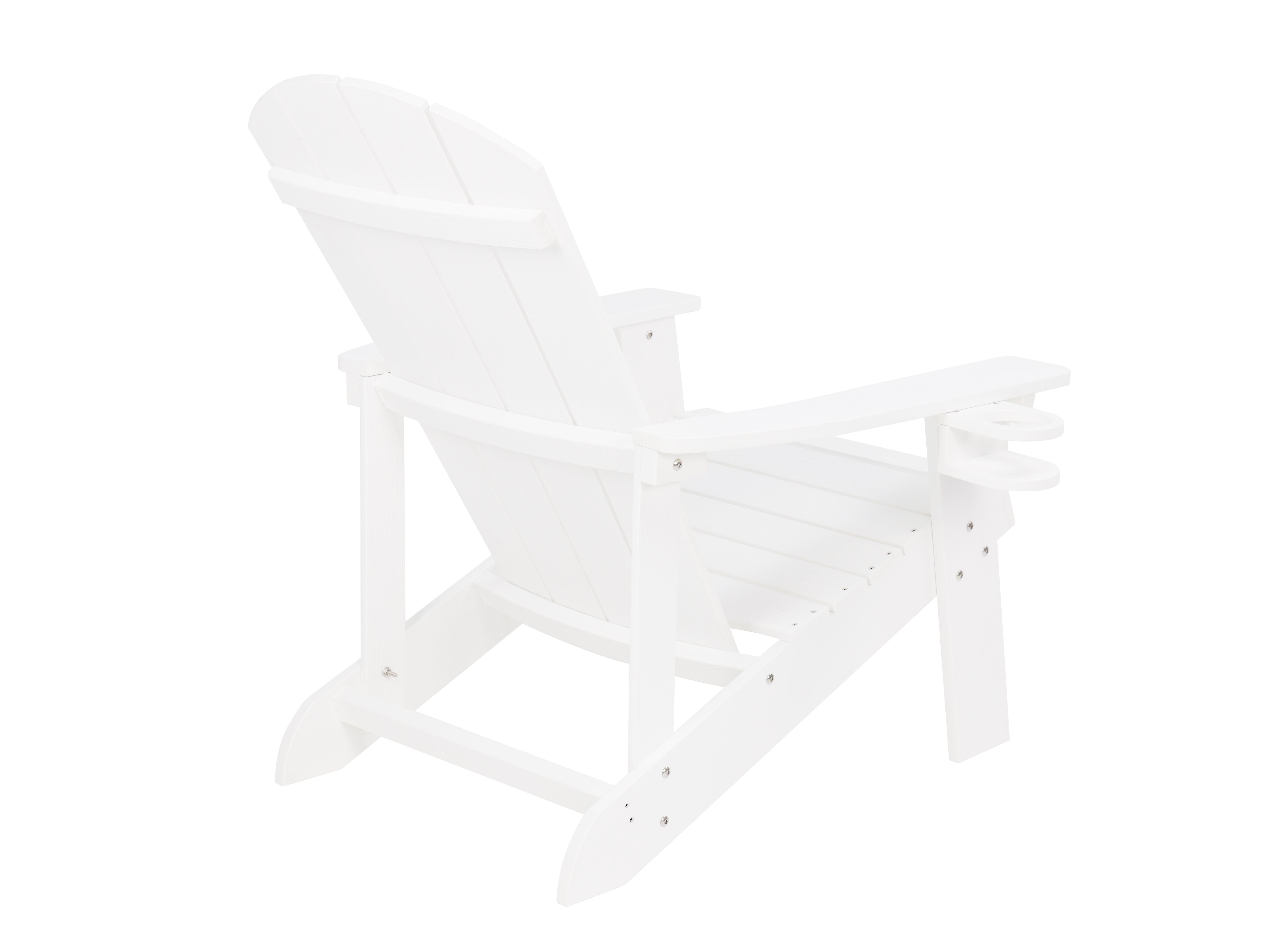 Weiße Adirondack-Gartenliege aus Holz mit breiten Armlehnen und Getränkehaltern.