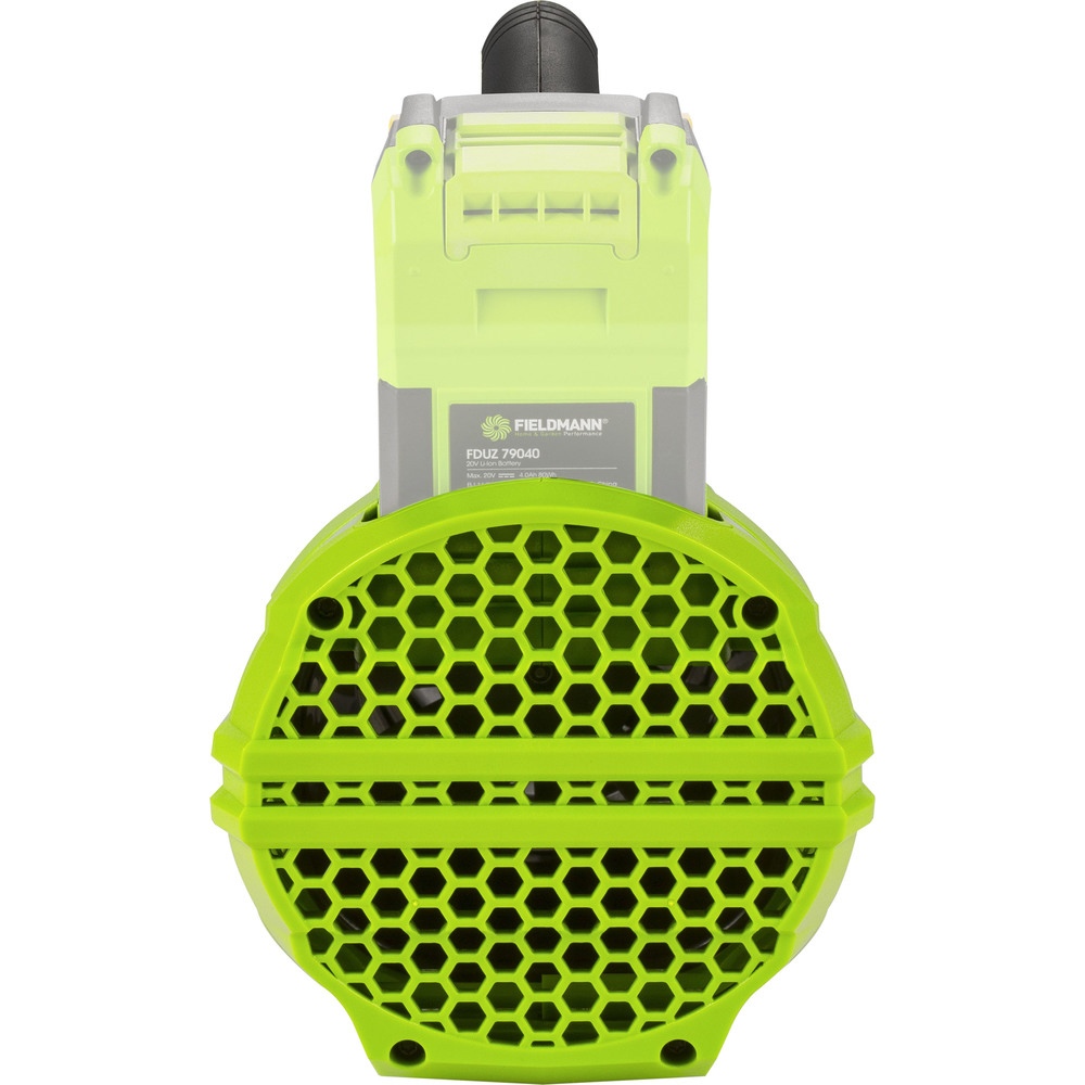 Grünes Gebläse mit wabenartigem Gitter und Batteriefach.