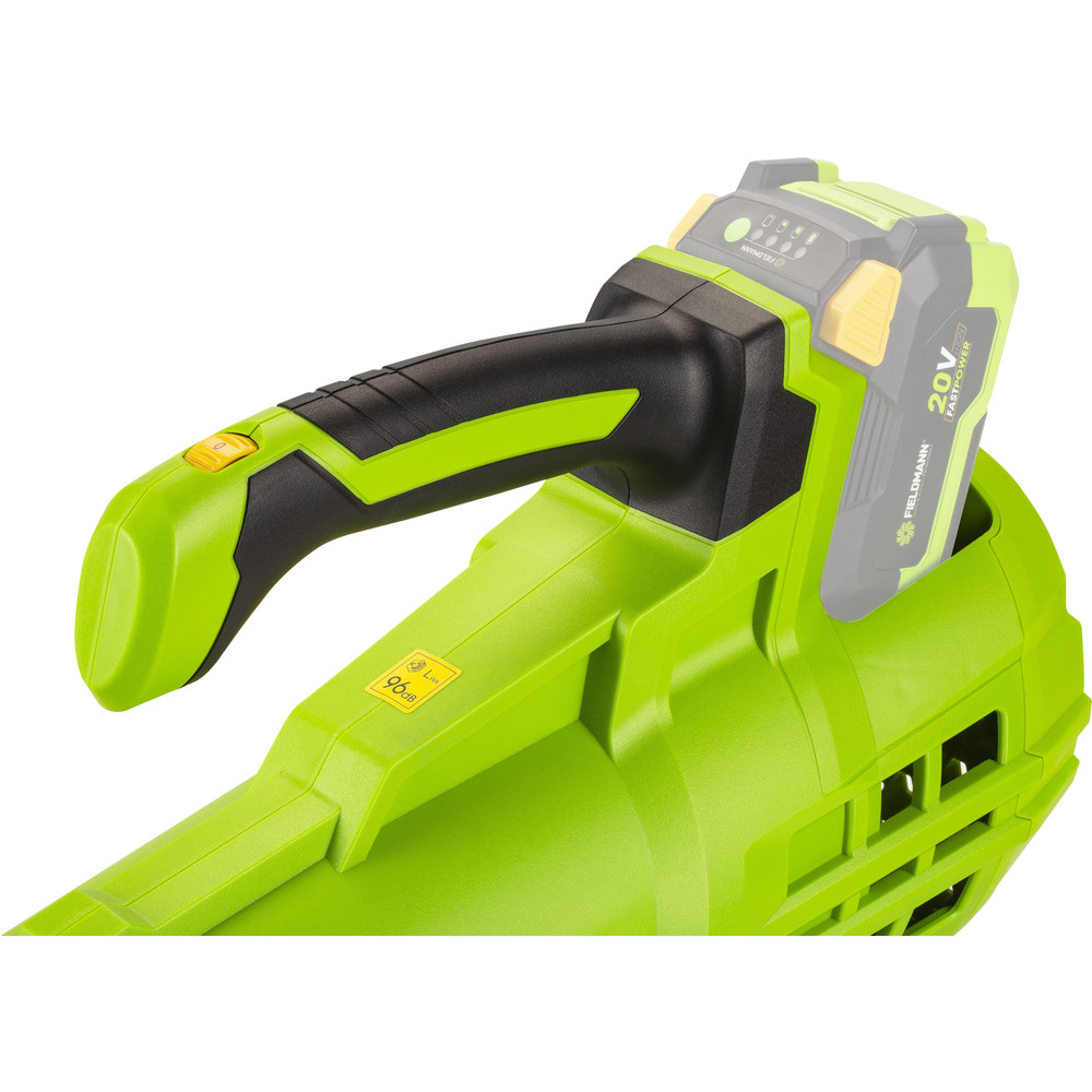 Grünes Gebläse mit schwarzem Griff und 20V Akku. Lautstärke 96dB.