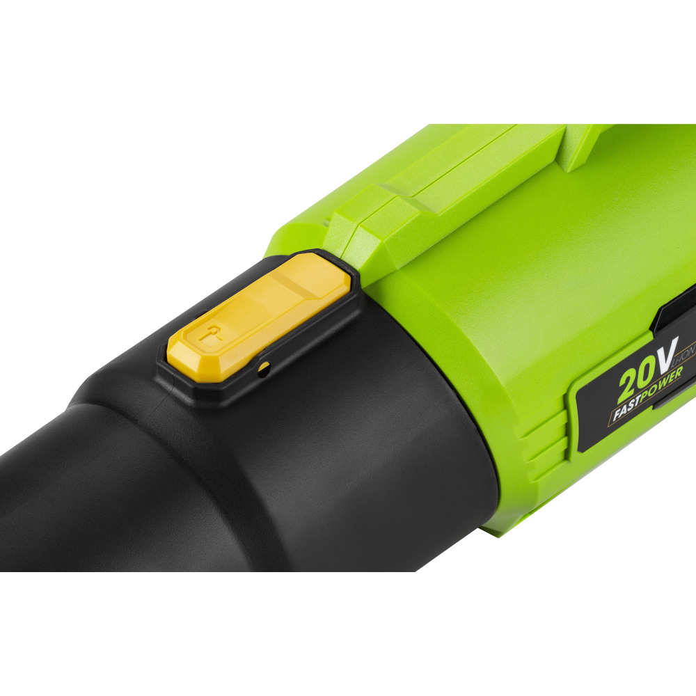 Grünes Gebläse mit gelbem Knopf und 20V Fastpower-Aufkleber.