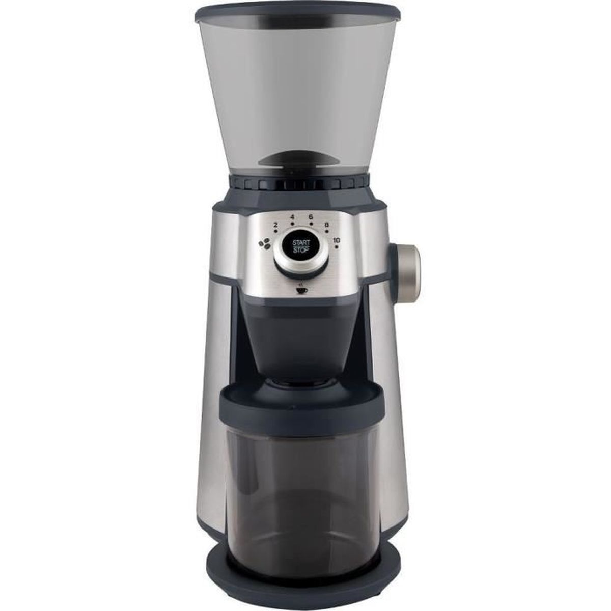 Ein silberner und schwarzer Kaffeemühle mit einem transparenten Behälter oben und unten.
